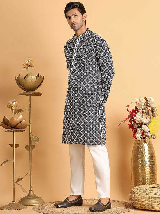 Buy Men's Floral Embroidered Navy Blue Kurta Set with Sequins & Pyjamas – Indiaista