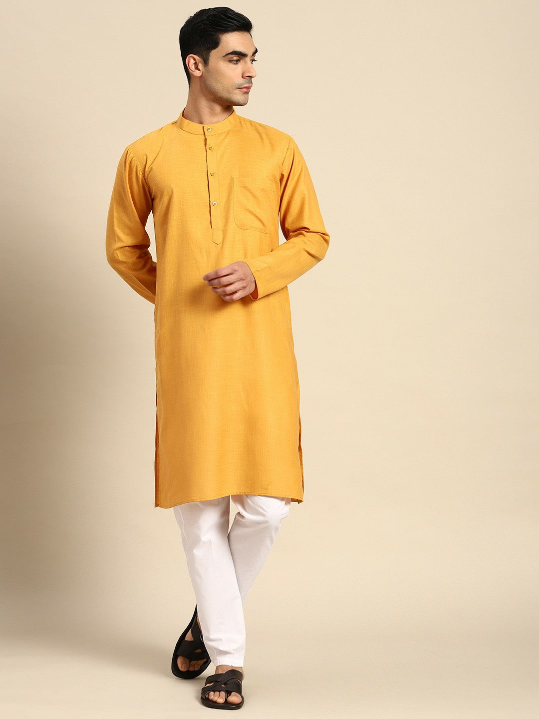 Men Pure Cotton Mustard Yellow Kurta with Pyjamas - Solid, Straight Shape, Mandarin Collar | Indiaista