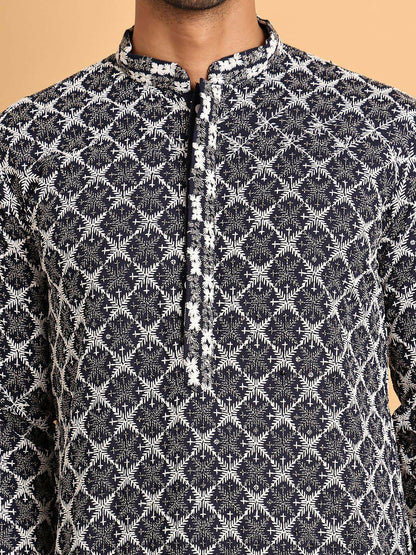 Buy Men's Floral Embroidered Navy Blue Kurta Set with Sequins & Pyjamas – Indiaista