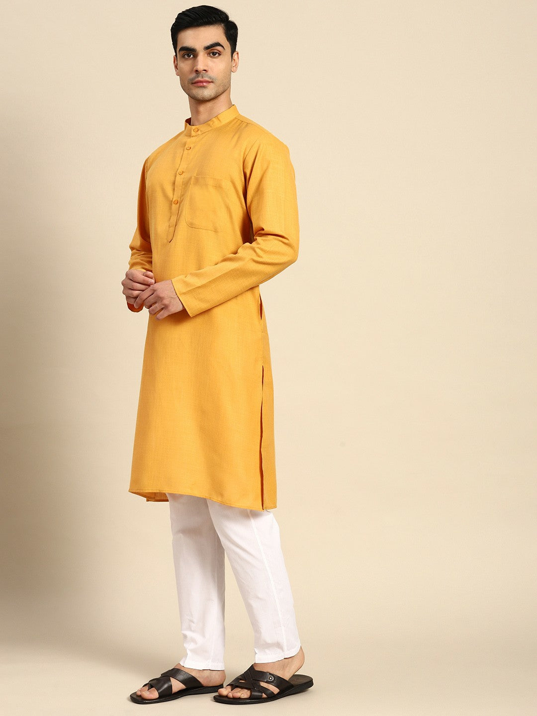 Men Pure Cotton Mustard Yellow Kurta with Pyjamas - Solid, Straight Shape, Mandarin Collar | Indiaista