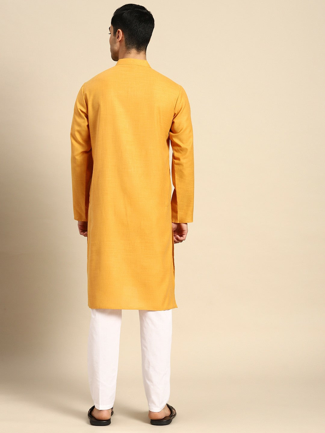 Men Pure Cotton Mustard Yellow Kurta with Pyjamas - Solid, Straight Shape, Mandarin Collar | Indiaista