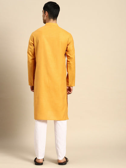 Men Pure Cotton Mustard Yellow Kurta with Pyjamas - Solid, Straight Shape, Mandarin Collar | Indiaista