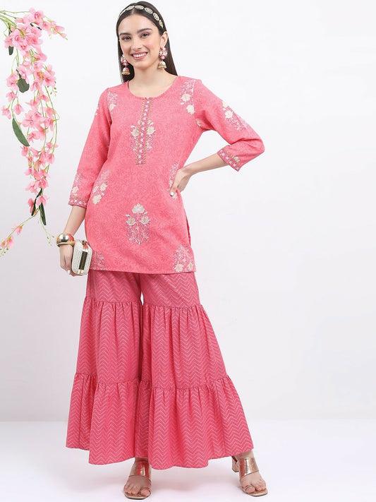 Pink & Beige Floral Printed Kurta with Sharara Set for Women | Stylish & Comfortable | Indiaista