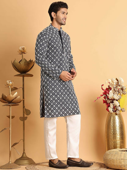 Buy Men's Floral Embroidered Navy Blue Kurta Set with Sequins & Pyjamas – Indiaista