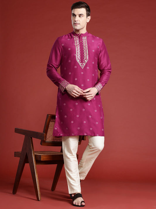 Buy Magenta Printed Straight Kurta with Trousers for Men - Stylish & Comfortable | Indiaista