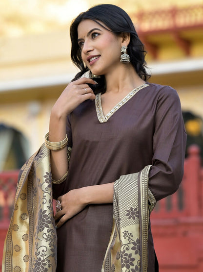 Women Brown & Gold-Toned V-Neck Kurta Set with Trousers & Dupatta - Stylish Ethnic Wear | Indiaista