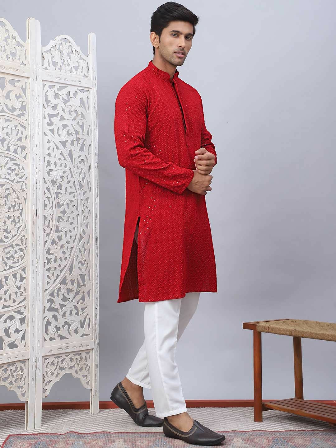 Buy Men’s Maroon Floral Embroidered Kurta Set with Pyjamas | Pure Cotton & Sequinned Detail