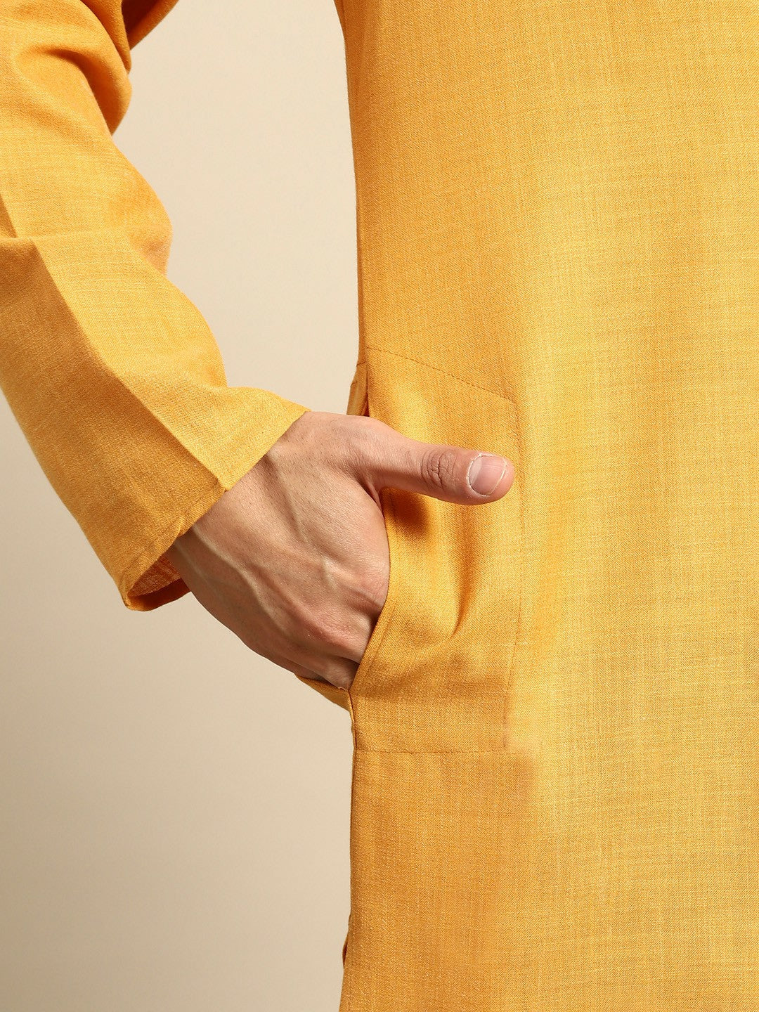 Men Pure Cotton Mustard Yellow Kurta with Pyjamas - Solid, Straight Shape, Mandarin Collar | Indiaista