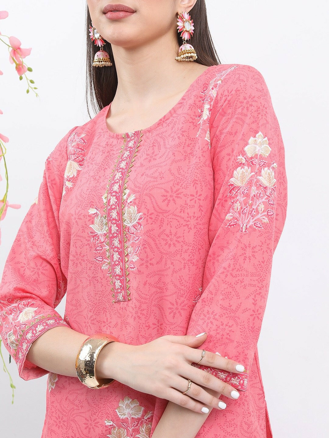 Pink & Beige Floral Printed Kurta with Sharara Set for Women | Stylish & Comfortable | Indiaista