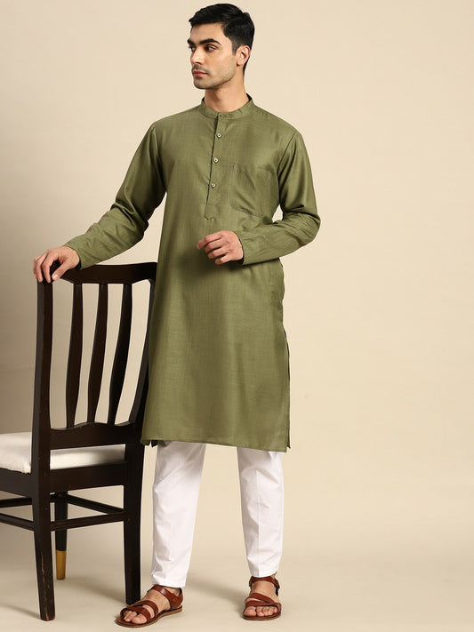 Men's Pure Cotton Kurta with Pyjamas - Olive Green & White Solid Design | Indiaista