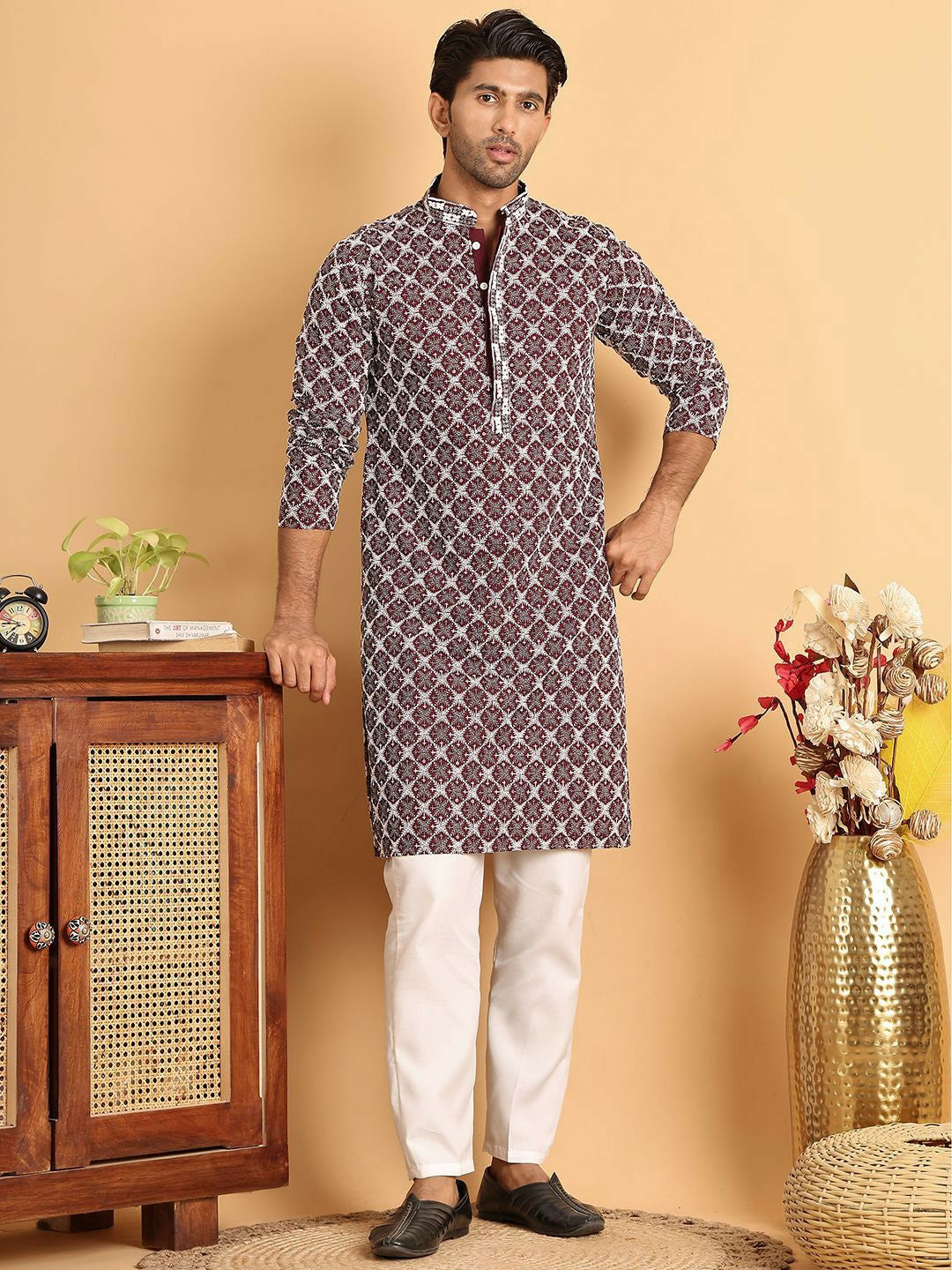 Buy Men's Floral Embroidered Purple Kurta Set with Pyjamas – Indiaista