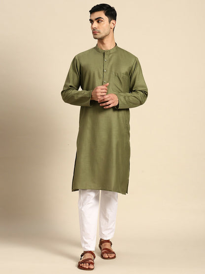 Men's Pure Cotton Kurta with Pyjamas - Olive Green & White Solid Design | Indiaista