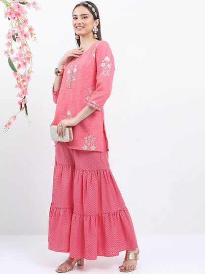 Pink & Beige Floral Printed Kurta with Sharara Set for Women | Stylish & Comfortable | Indiaista