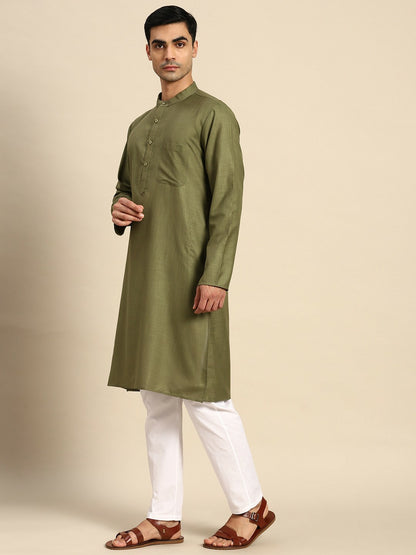 Men's Pure Cotton Kurta with Pyjamas - Olive Green & White Solid Design | Indiaista