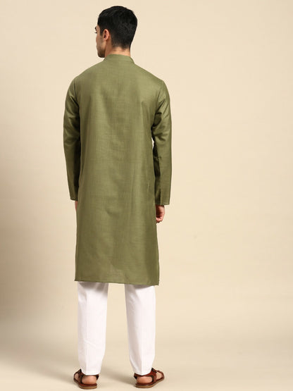 Men's Pure Cotton Kurta with Pyjamas - Olive Green & White Solid Design | Indiaista