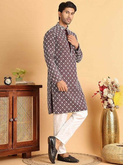 Buy Men's Floral Embroidered Purple Kurta Set with Pyjamas – Indiaista