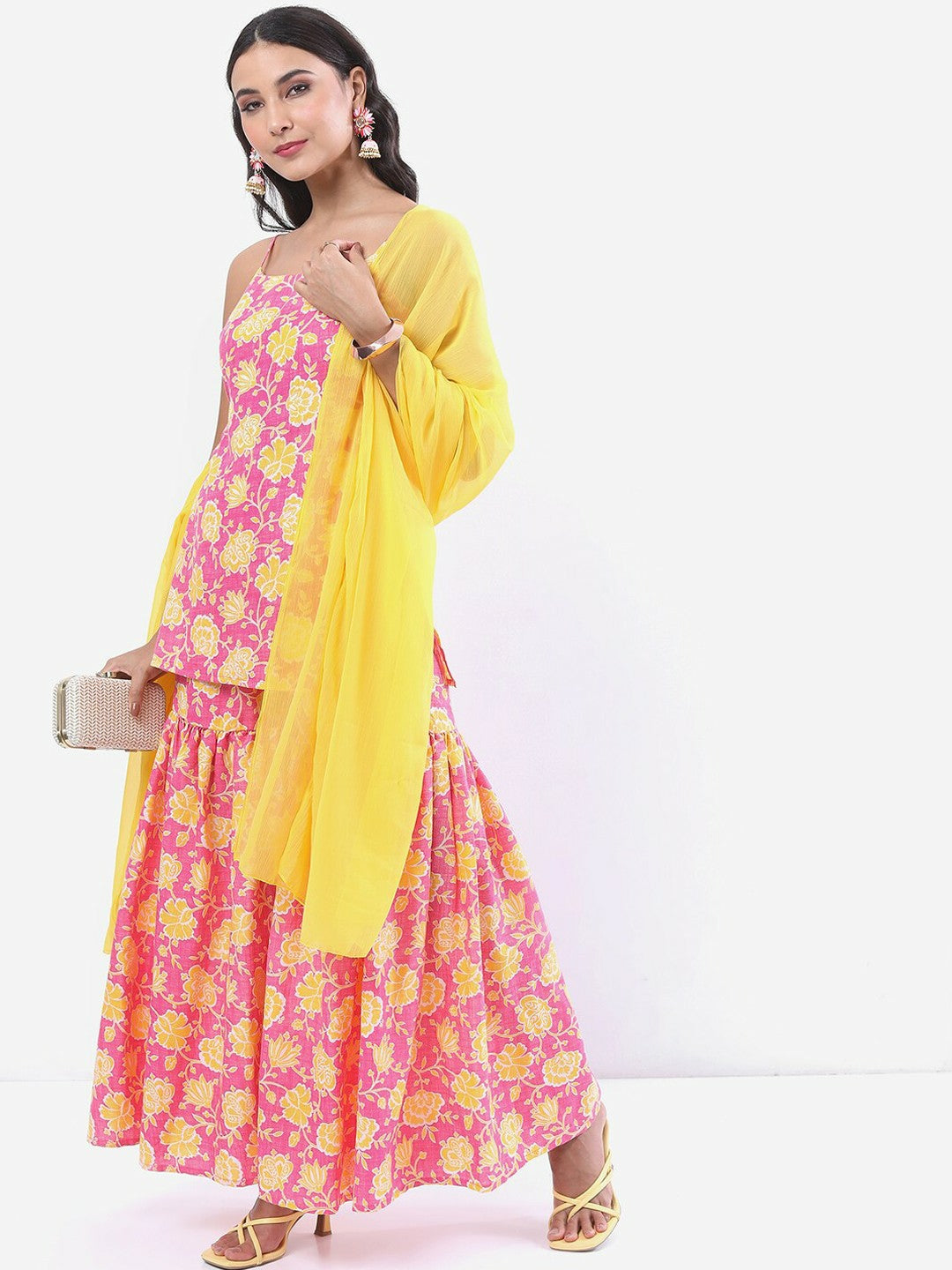 Pink & Yellow Floral Printed Kurti with Sharara & Dupatta Set | Indiaista