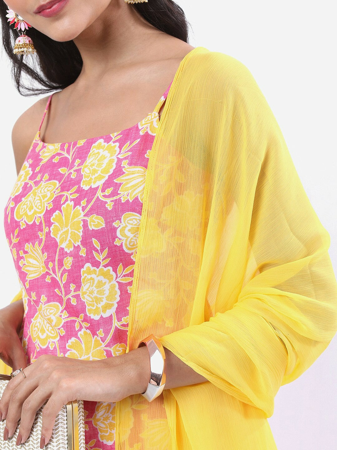 Pink & Yellow Floral Printed Kurti with Sharara & Dupatta Set | Indiaista