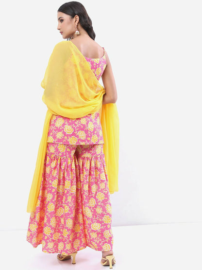 Pink & Yellow Floral Printed Kurti with Sharara & Dupatta Set | Indiaista