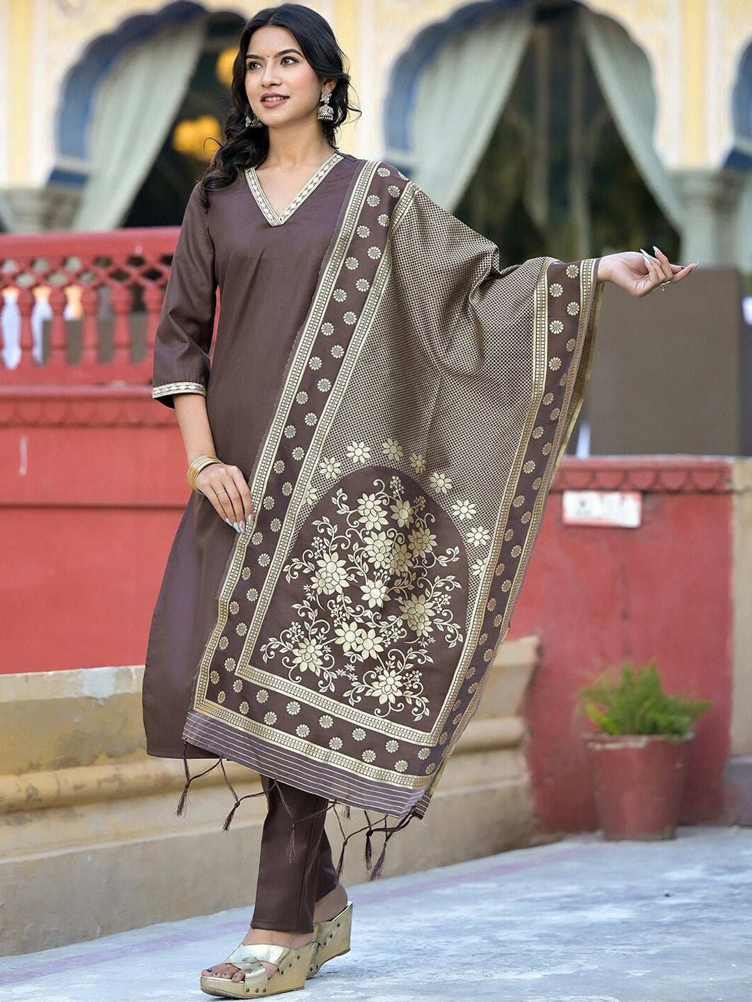 Women Brown & Gold-Toned V-Neck Kurta Set with Trousers & Dupatta - Stylish Ethnic Wear | Indiaista