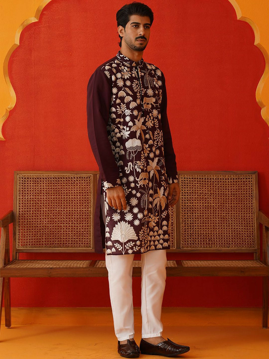 Men’s Burgundy Embroidered Nehru Jacket – Traditional Elegance
