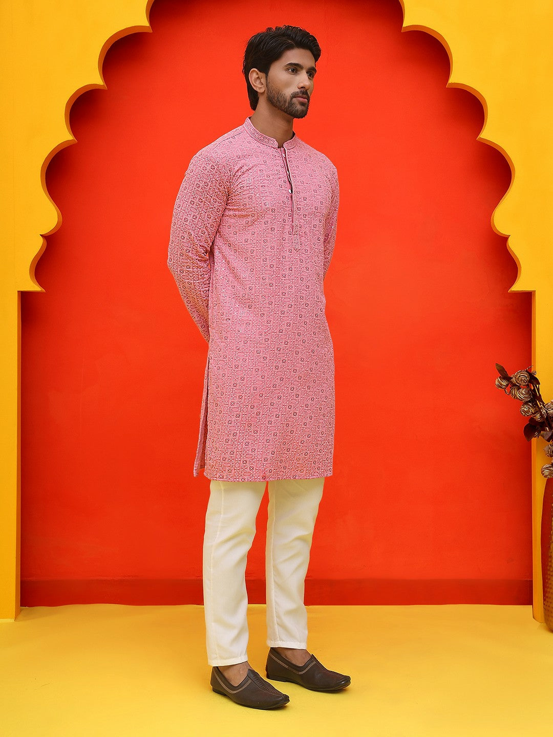 Men’s Pure Cotton Kurta with Sequinned Embroidery and Pyjamas – Subtle Festive Charm