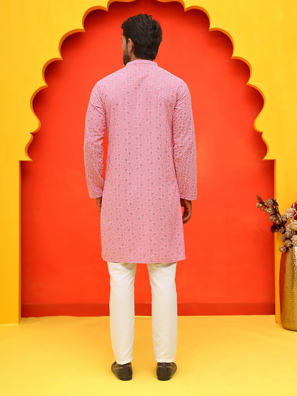 Men’s Pure Cotton Kurta with Sequinned Embroidery and Pyjamas – Subtle Festive Charm