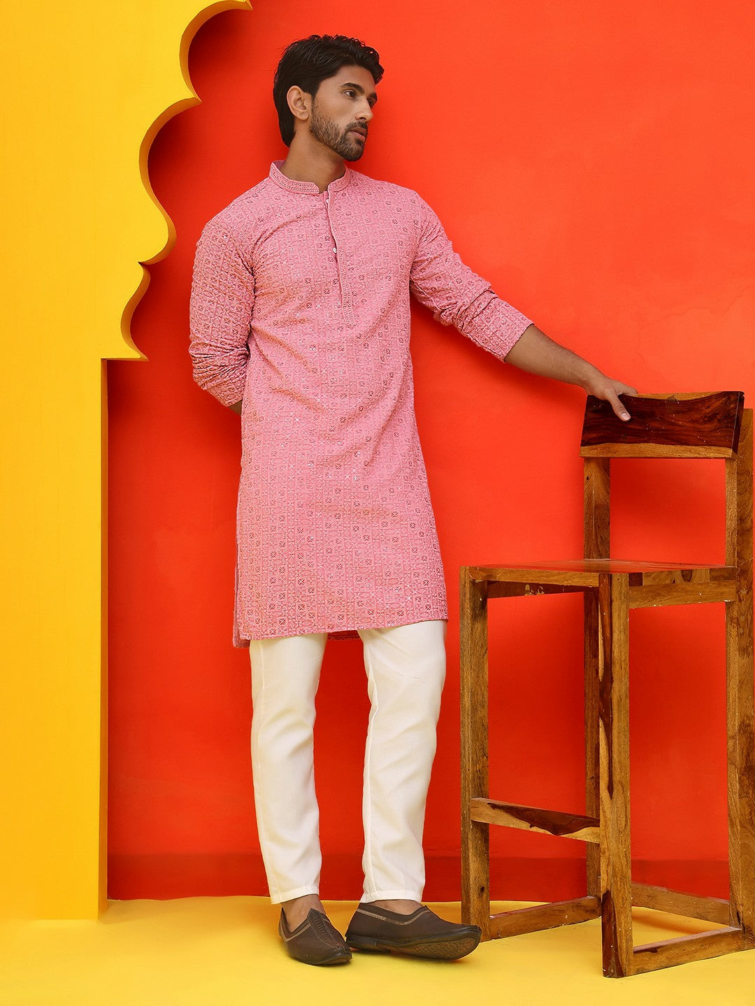 Men’s Pure Cotton Kurta with Sequinned Embroidery and Pyjamas – Subtle Festive Charm