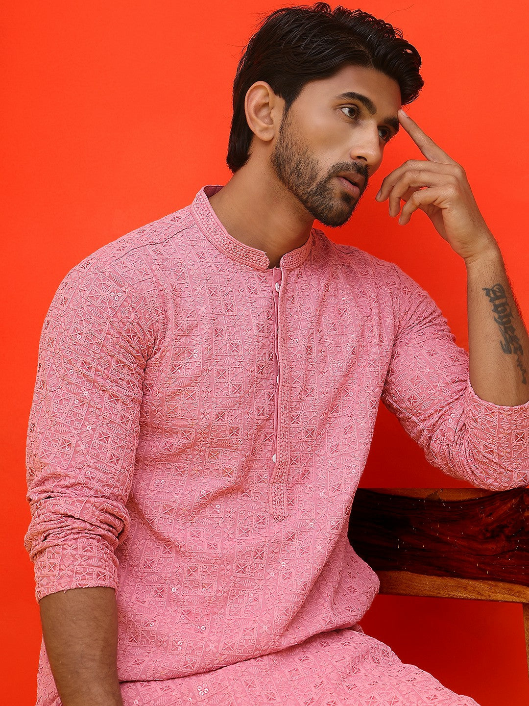 Men’s Pure Cotton Kurta with Sequinned Embroidery and Pyjamas – Subtle Festive Charm