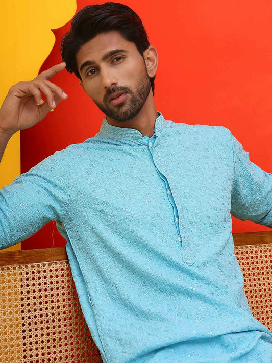 Men’s Blue Chikankari Kurta with Pyjamas – Handcrafted Cotton Comfort