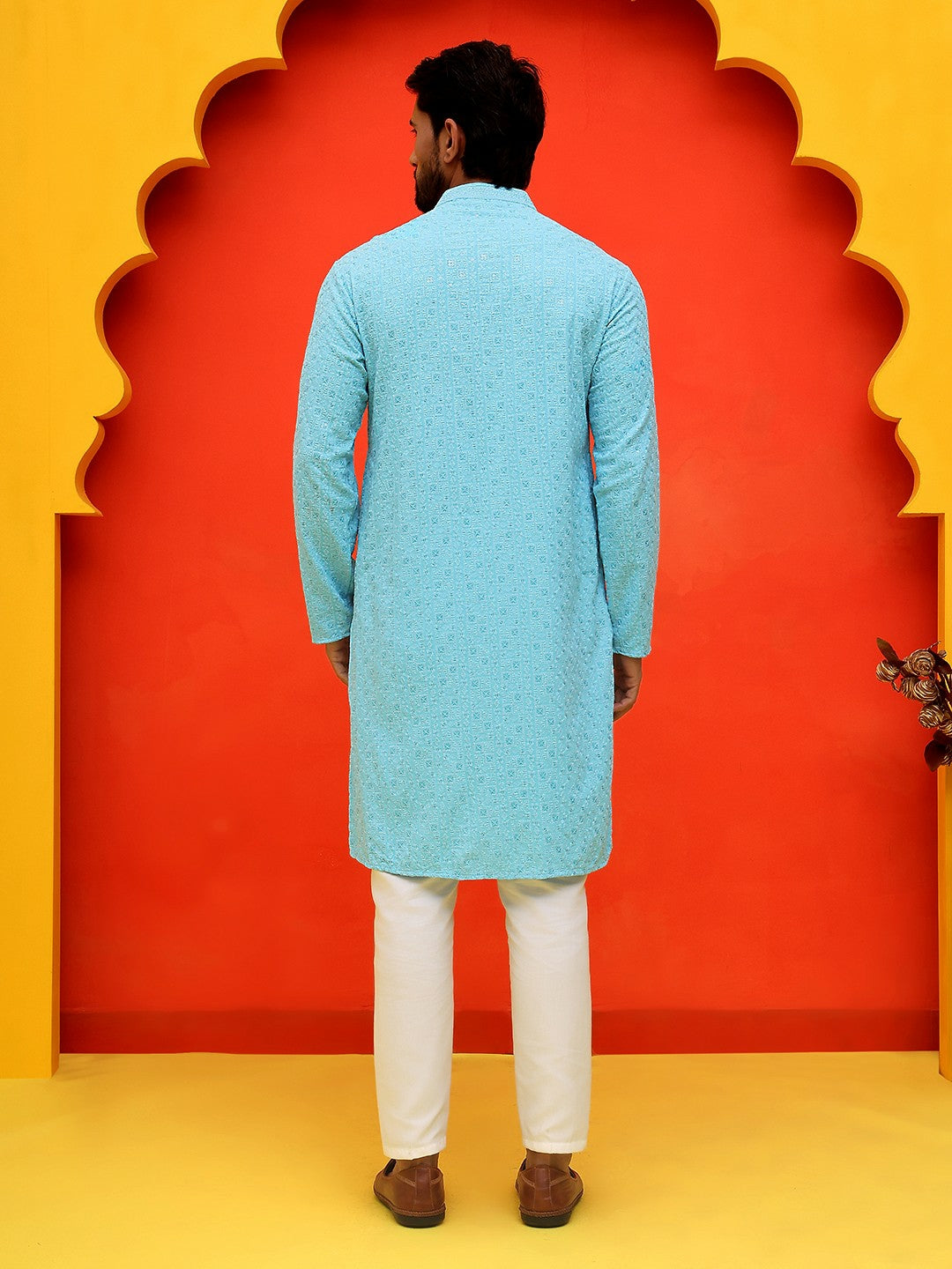 Men’s Blue Chikankari Kurta with Pyjamas – Handcrafted Cotton Comfort
