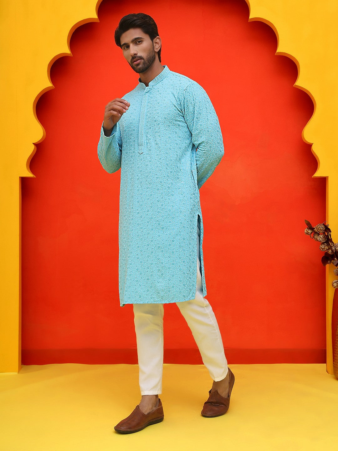 Men’s Blue Chikankari Kurta with Pyjamas – Handcrafted Cotton Comfort