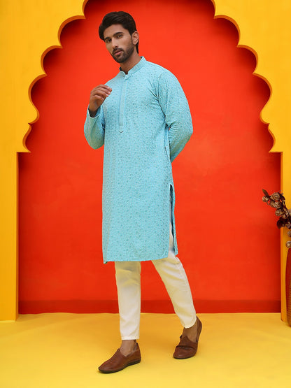 Men’s Blue Chikankari Kurta with Pyjamas – Handcrafted Cotton Comfort