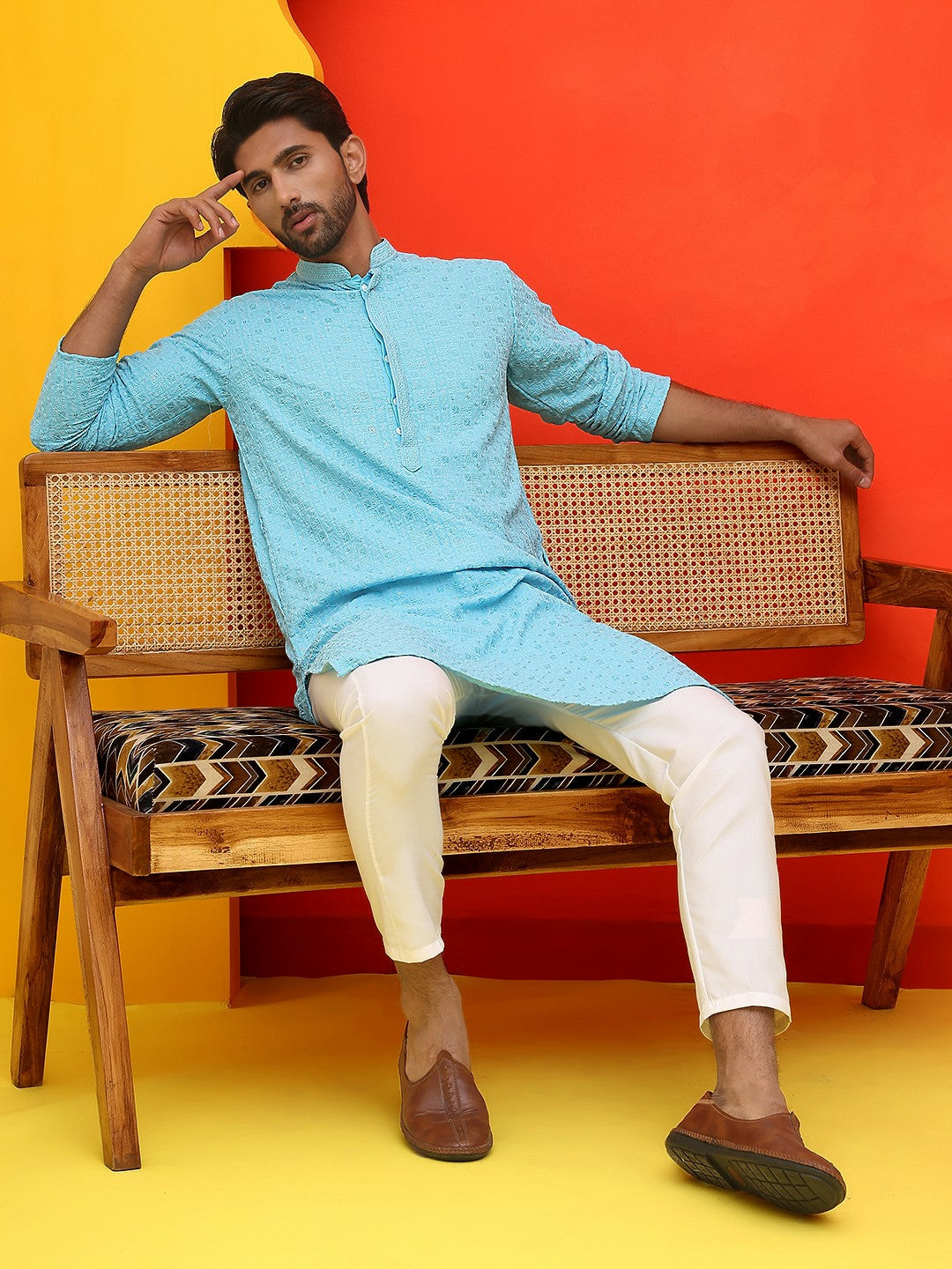 Men’s Blue Chikankari Kurta with Pyjamas – Handcrafted Cotton Comfort