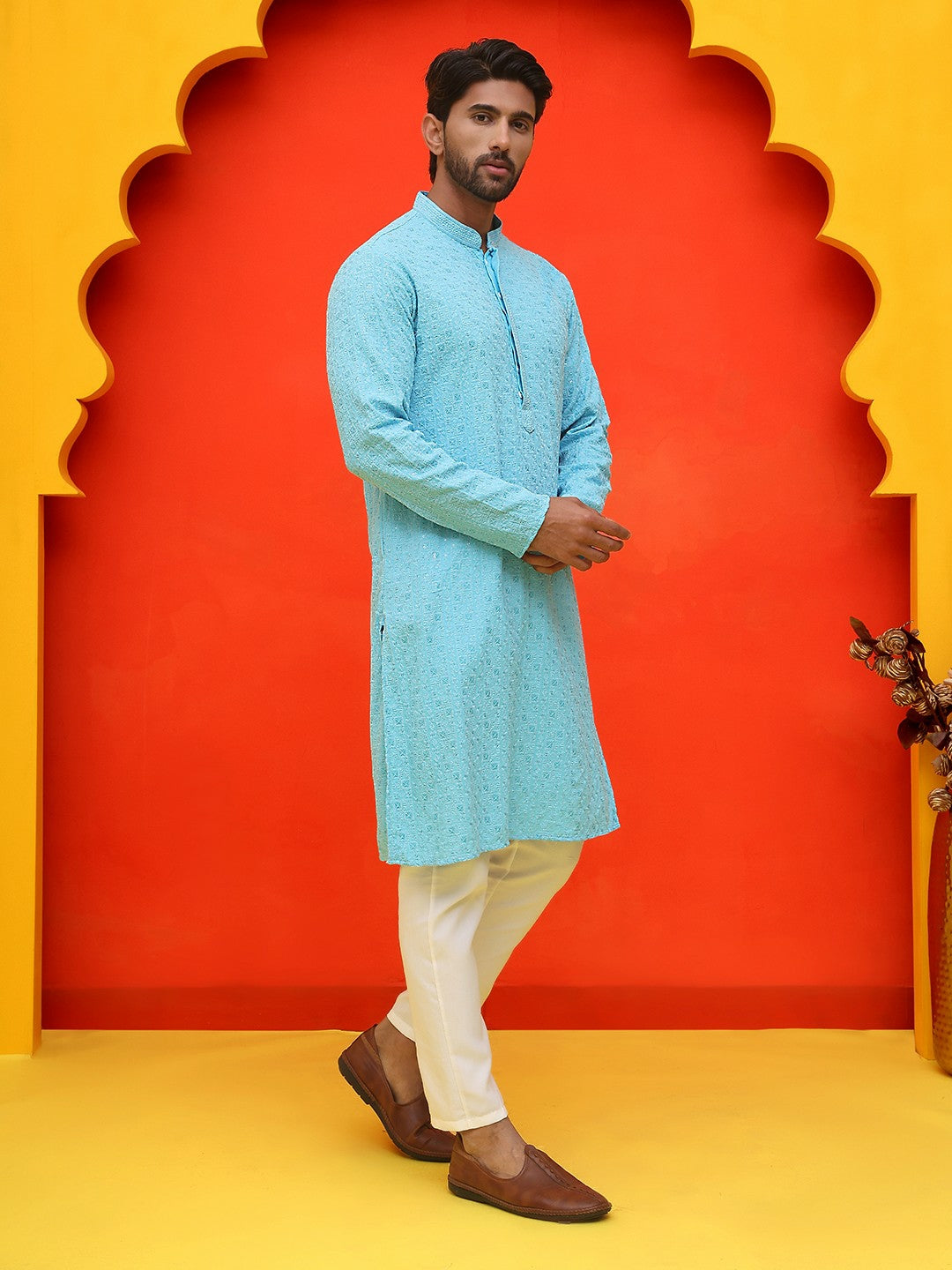 Men’s Blue Chikankari Kurta with Pyjamas – Handcrafted Cotton Comfort
