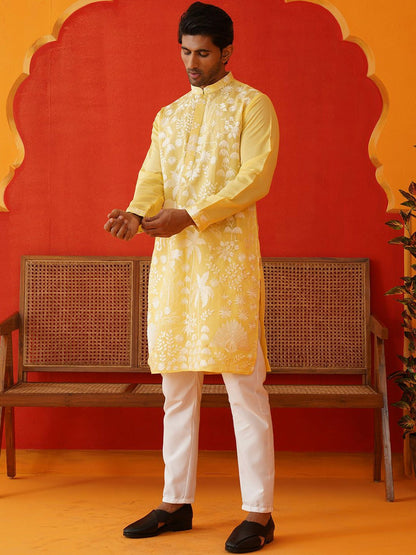 Men’s Floral Embroidered Chikankari Kurta with Pyjamas – Festive Wear