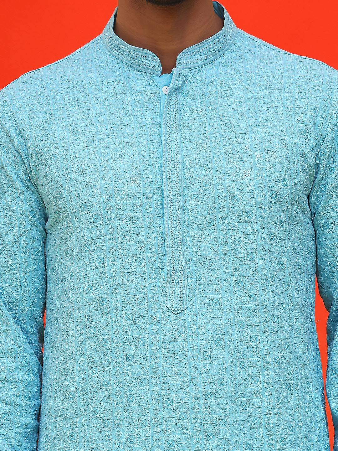 Men’s Blue Chikankari Kurta with Pyjamas – Handcrafted Cotton Comfort