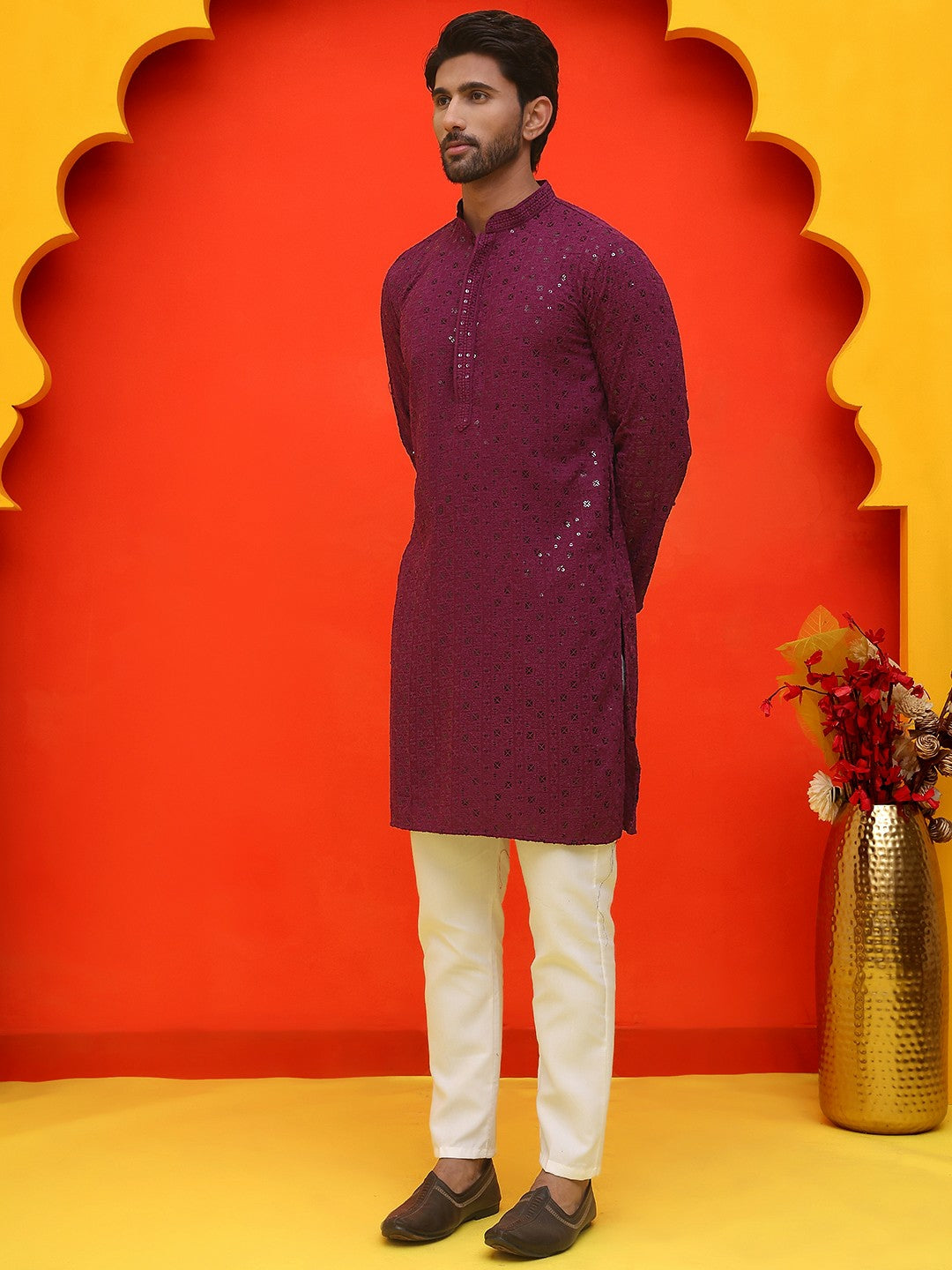 Men’s Purple Chikankari Cotton Kurta with Pyjamas – Regal Ethnic Style