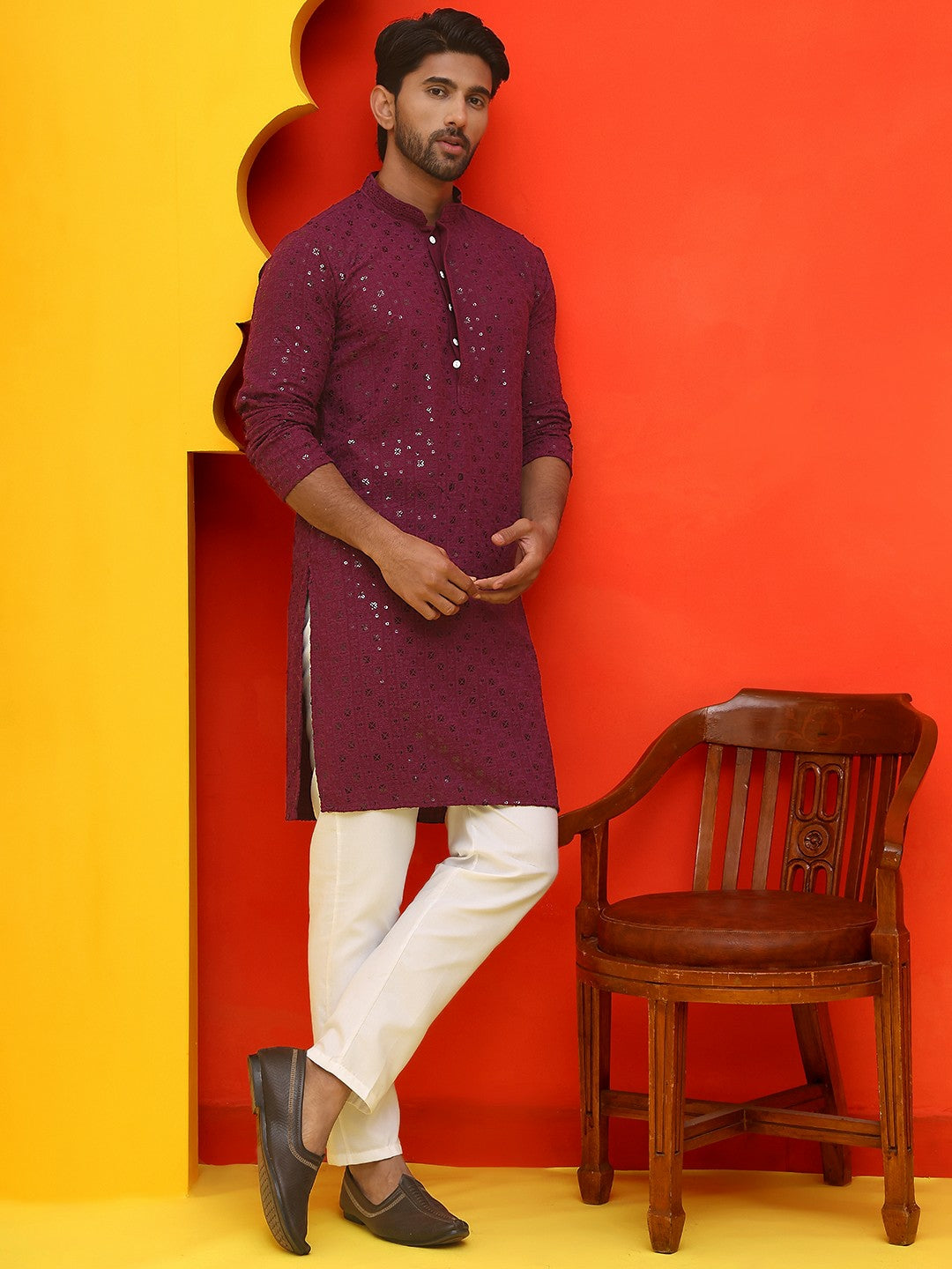 Men’s Purple Chikankari Cotton Kurta with Pyjamas – Regal Ethnic Style