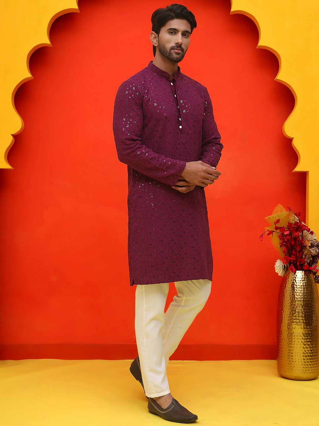 Men’s Purple Chikankari Cotton Kurta with Pyjamas – Regal Ethnic Style