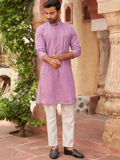 Paisley Chikankari Embroidered Georgette Kurta Set with Pyjamas – Festive Men’s Ethnic Wear