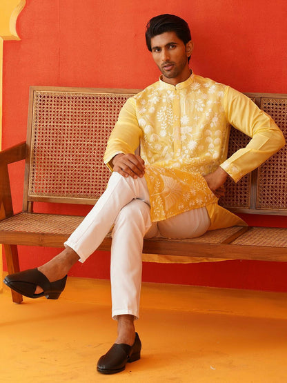 Men’s Floral Embroidered Chikankari Kurta with Pyjamas – Festive Wear