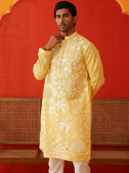 Men’s Floral Embroidered Chikankari Kurta with Pyjamas – Festive Wear