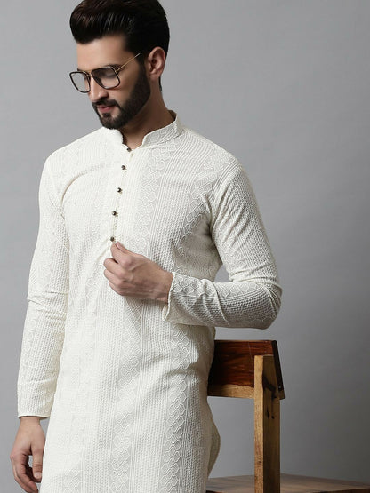 Floral Embroidered Chikankari Cotton Kurta with Pyjamas for Men – Classic Ethnic Set