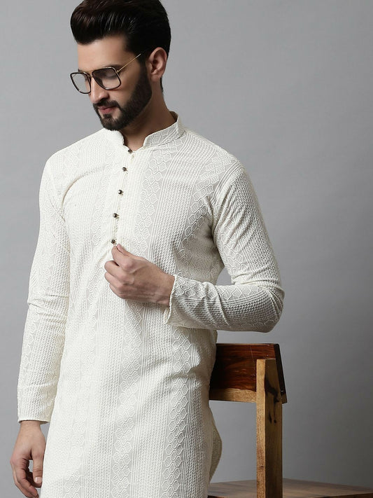 Floral Embroidered Chikankari Cotton Kurta with Pyjamas for Men – Classic Ethnic Set