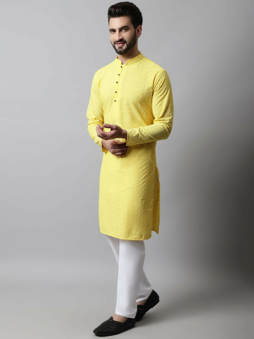Men’s Embroidered Chikankari Cotton Kurta with Pyjamas – Traditional Ethnic Wear