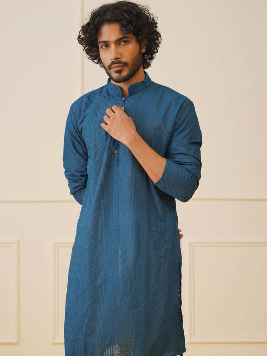 Men’s Embroidered Chikankari Pure Cotton Kurta with Pyjamas – Elegant Traditional Wear
