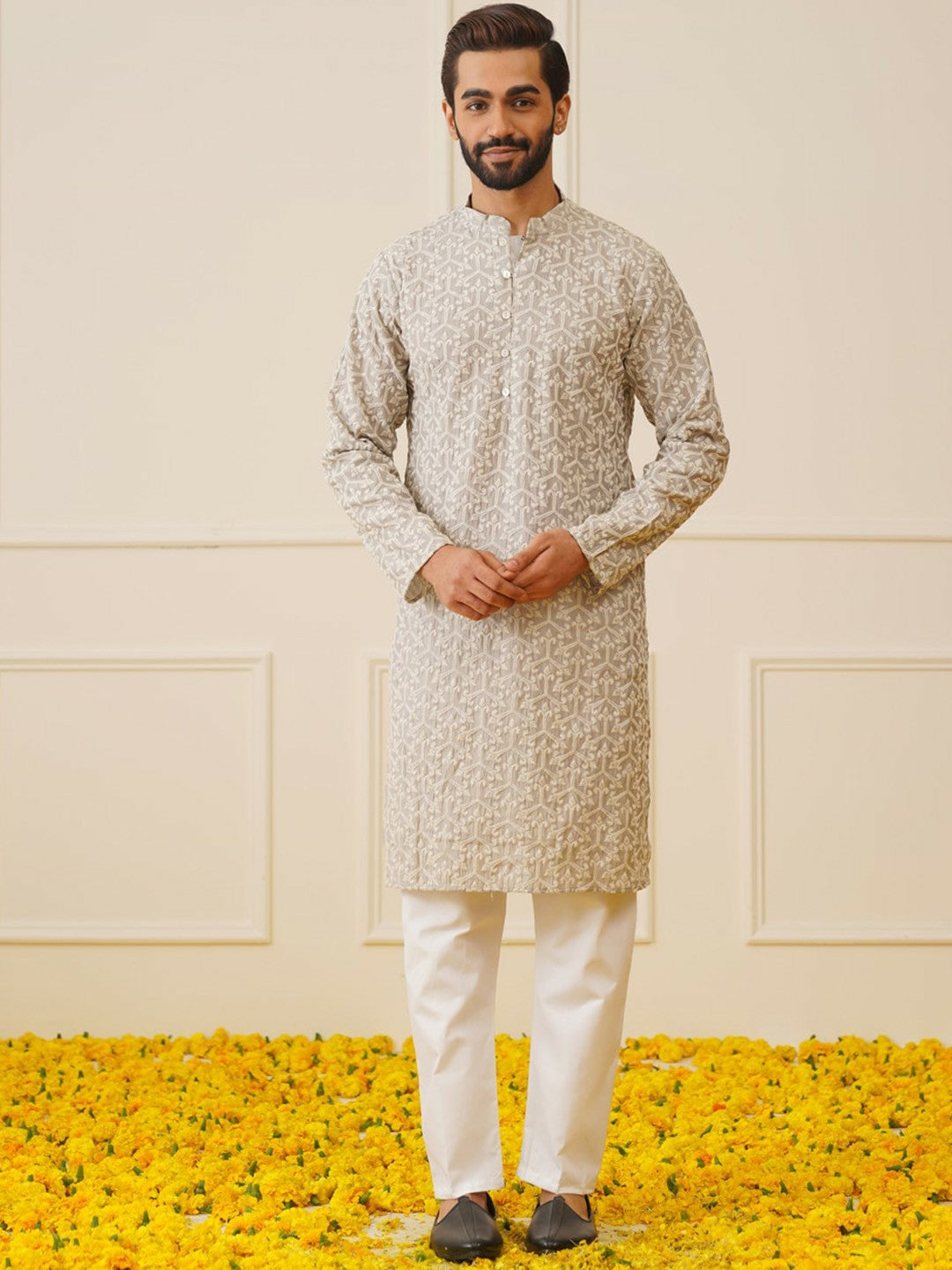 Men’s Ethnic Motifs Embroidered Chikankari Kurta with Pyjamas – Traditional Cotton Set