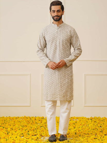 Men’s Ethnic Motifs Embroidered Chikankari Kurta with Pyjamas – Traditional Cotton Set
