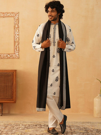 Men’s Floral Embroidered Sequinned Straight Kurta with Trousers & Dupatta – Festive Cotton Ensemble